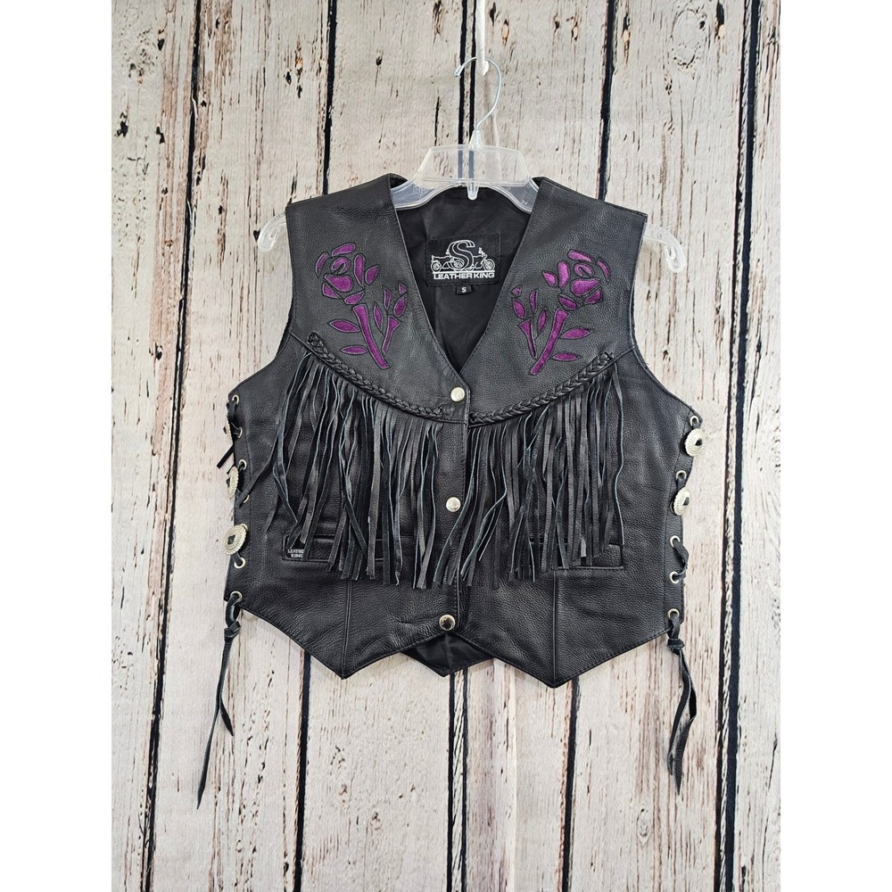 Leather King Biker Vest Womens S Black Floral Rose Fringe Concho Lace Up Sides